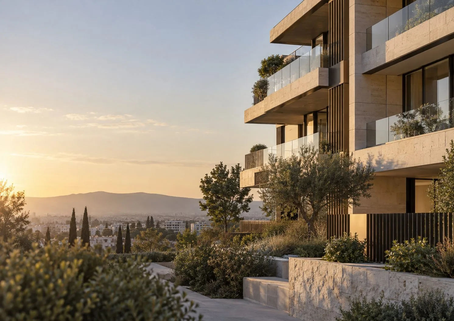 Terrazas escalonadas de piedra clara con jardines mediterráneos al atardecer